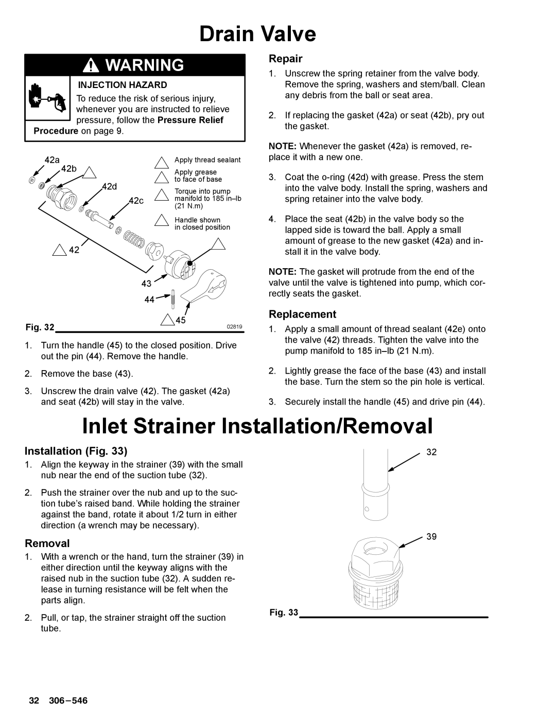 Graco Inc 231-353, 390sts, 308-548 manual Drain Valve, Inlet Strainer Installation/Removal 