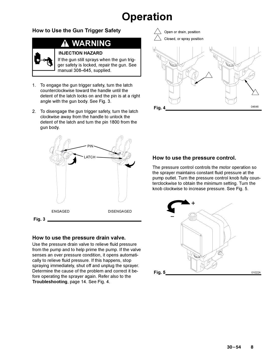 Graco Inc 308-548, 390sts, 231-353 manual Operation, How to Use the Gun Trigger Safety, How to use the pressure drain valve 