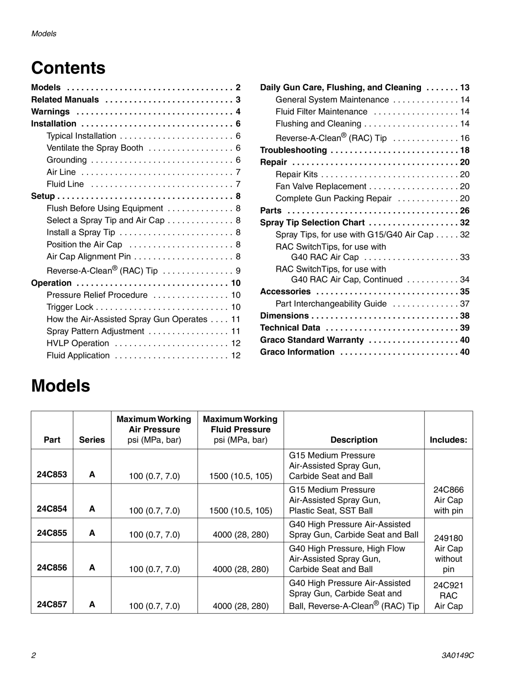 Graco Inc 3A0149C important safety instructions Contents, Models 