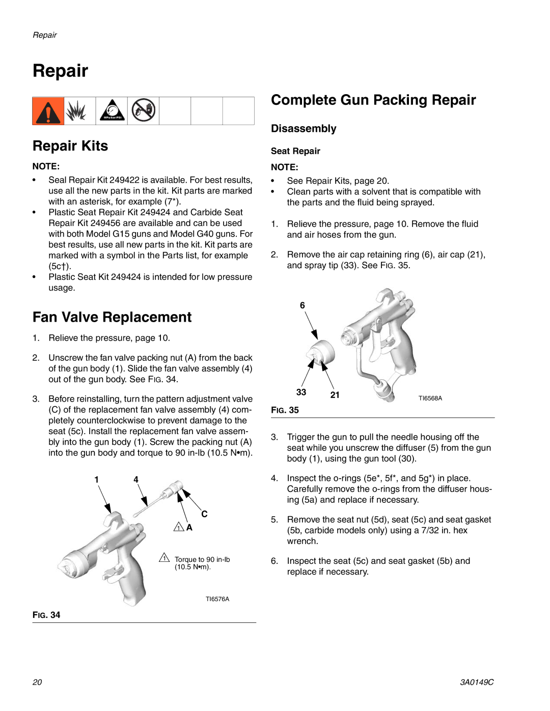 Graco Inc 3A0149C Repair Kits, Fan Valve Replacement, Complete Gun Packing Repair, Seat Repair 