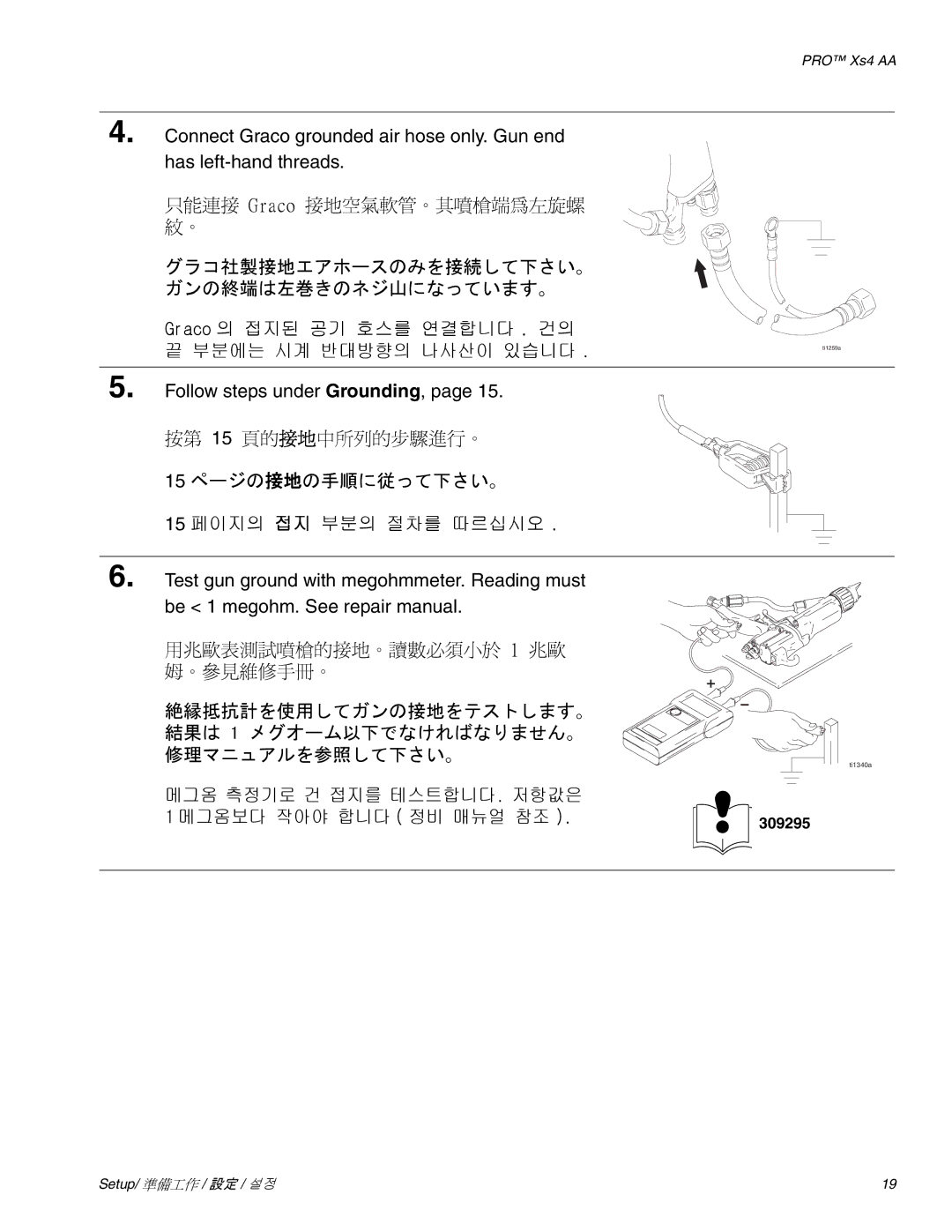 Graco Inc 3Z9296 manual グラコ社製接地エアホースのみを接続して下さい。 ガンの終端は左巻きのネジ山になっています。, 15 ページの接地の手順に従って下さい。 