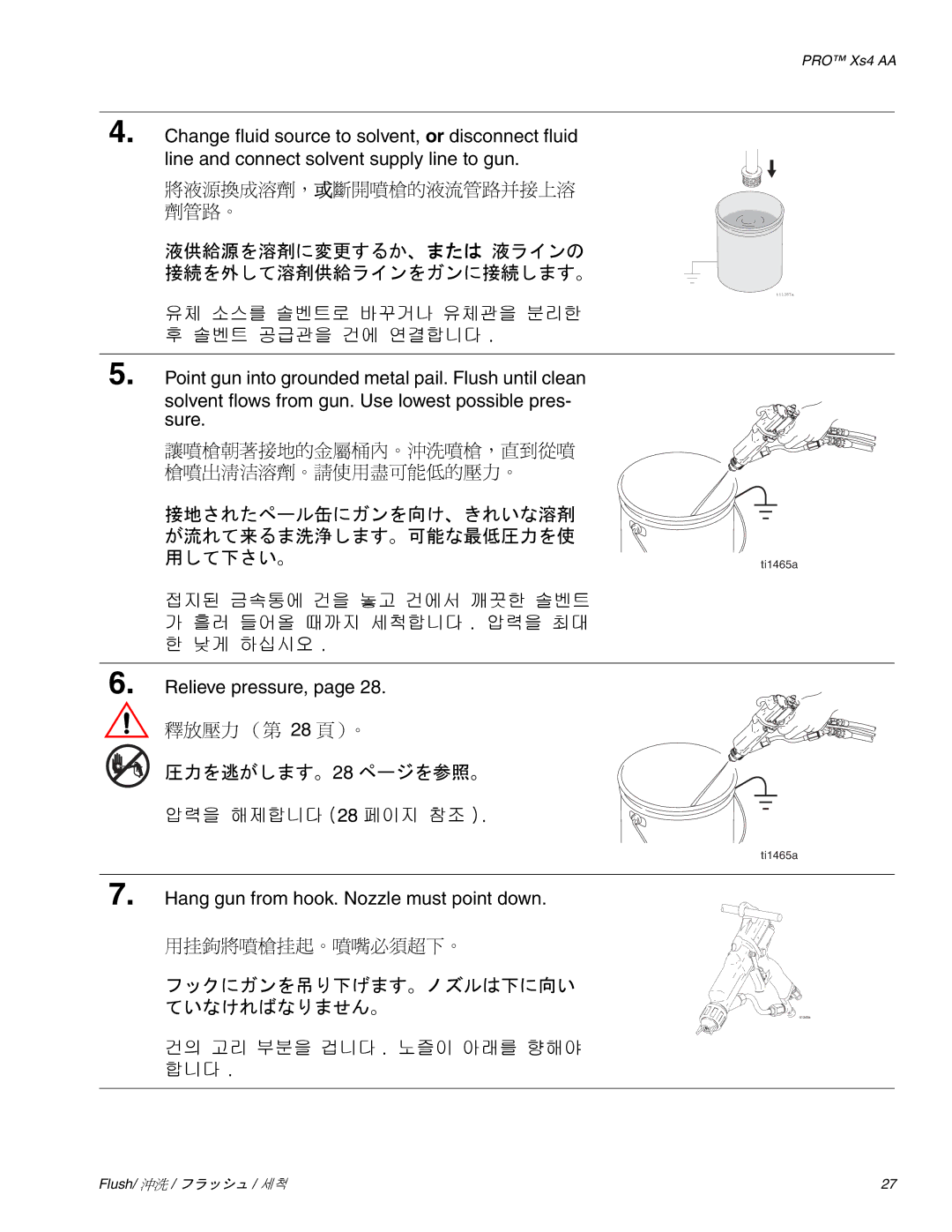 Graco Inc 3Z9296 液供給源を溶剤に変更するか、または 液ラインの 接続を外して溶剤供給ラインをガンに接続します。, 接地されたペール缶にガンを向け、きれいな溶剤 が流れて来るま洗浄します。可能な最低圧力を使 用して下さい。 