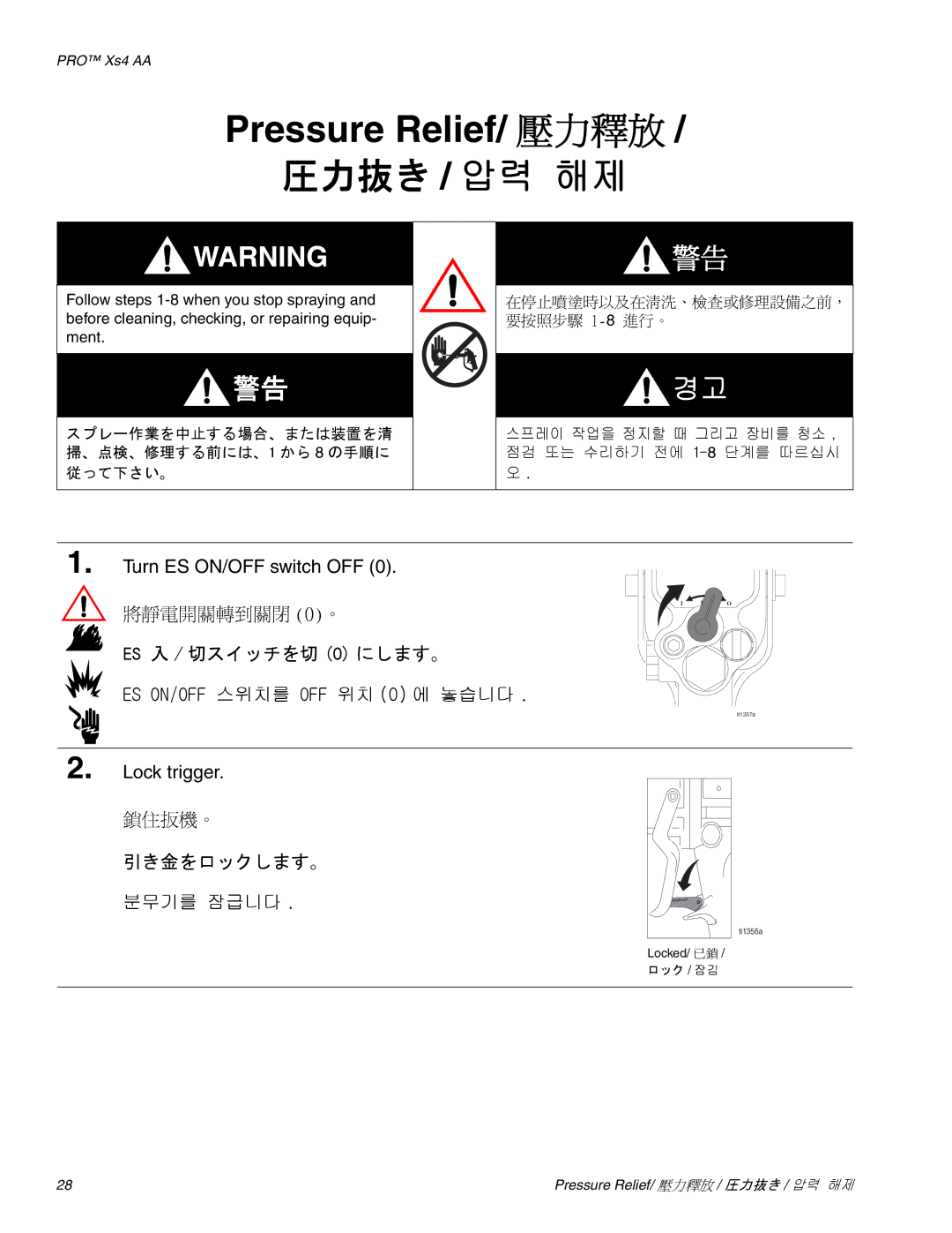 Graco Inc 3Z9296 manual Pressure Relief/ 壓力釋放, 圧力抜き / 압력 해제, 將靜電開關轉到關閉 0。 ES 入 / 切スイッチを切 0 にします。, 鎖住扳機。 引き金をロックします。 