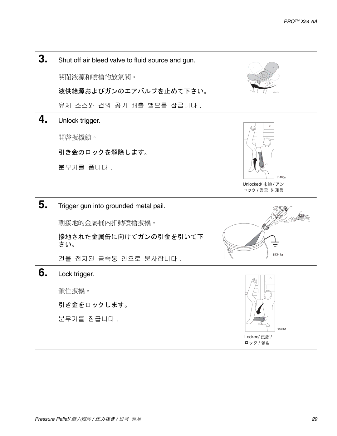 Graco Inc 3Z9296 manual 液供給源およびガンのエアバルブを止めて下さい。ti1289a, 引き金のロックを解除します。, 接地された金属缶に向けてガンの引金を引いて下 さい。 