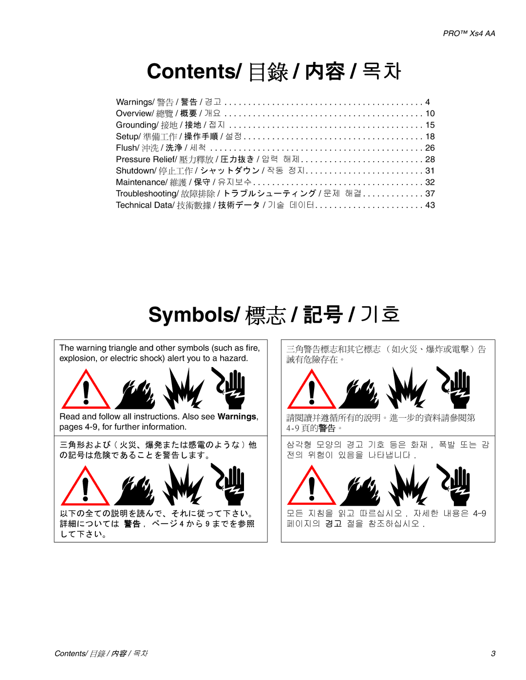 Graco Inc 3Z9296 manual Contents/ 目錄 / 内容 / 목차, Symbols/ 標志 / 記号 / 기호 