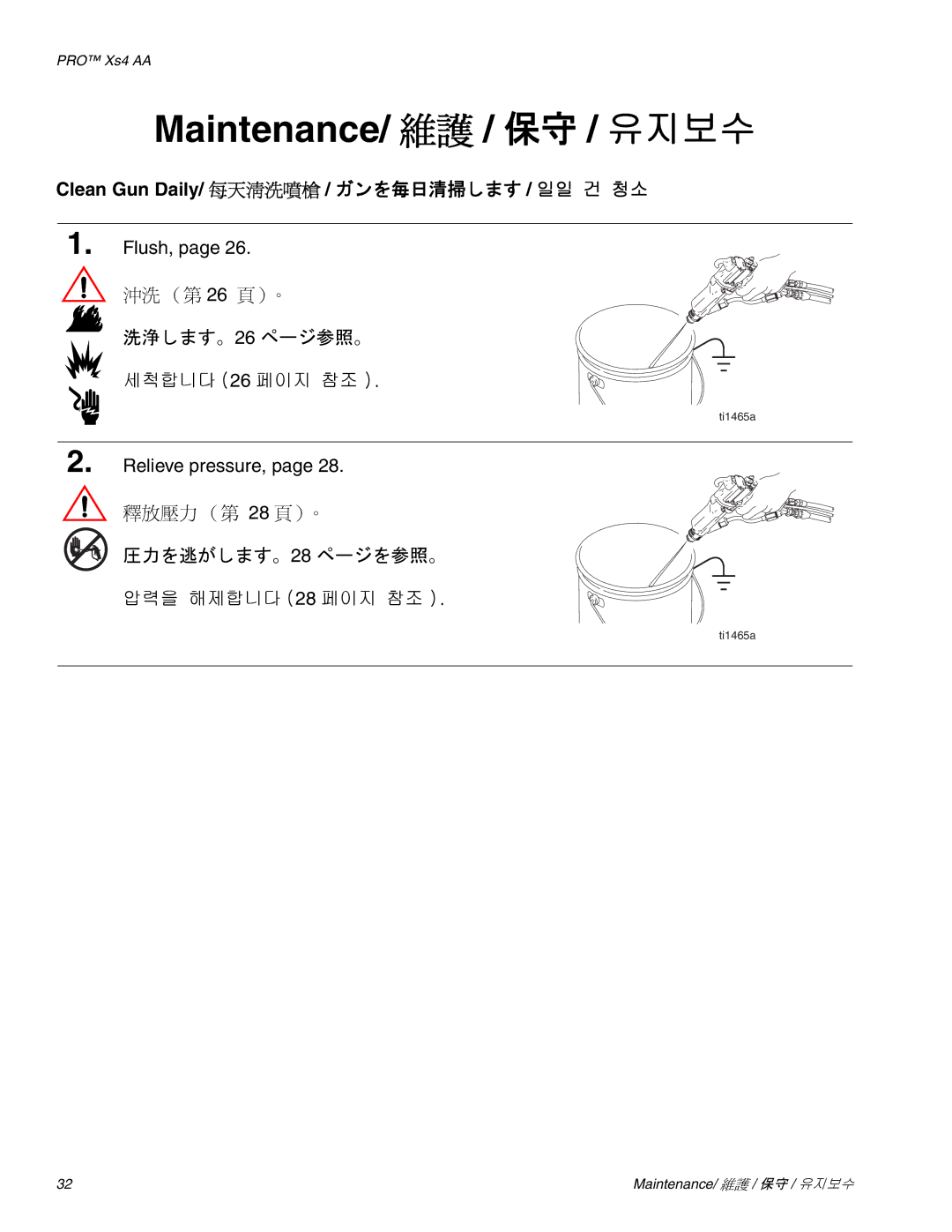 Graco Inc 3Z9296 manual Maintenance/ 維護 / 保守 / 유지보수, Clean Gun Daily/ 每天清洗噴槍 / ガンを毎日清掃します / 일일 건 청소 