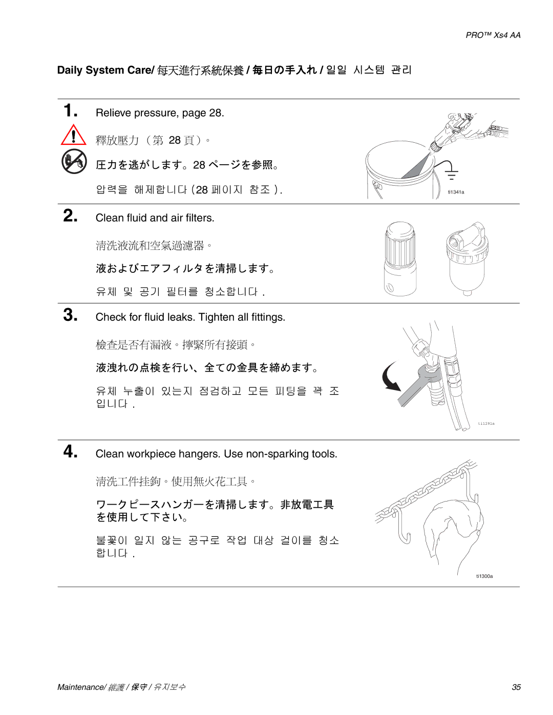 Graco Inc 3Z9296 manual 液およびエアフィルタを清掃します。, 液洩れの点検を行い、全ての金具を締めます。, ワークピースハンガーを清掃します。非放電工具 を使用して下さい。 