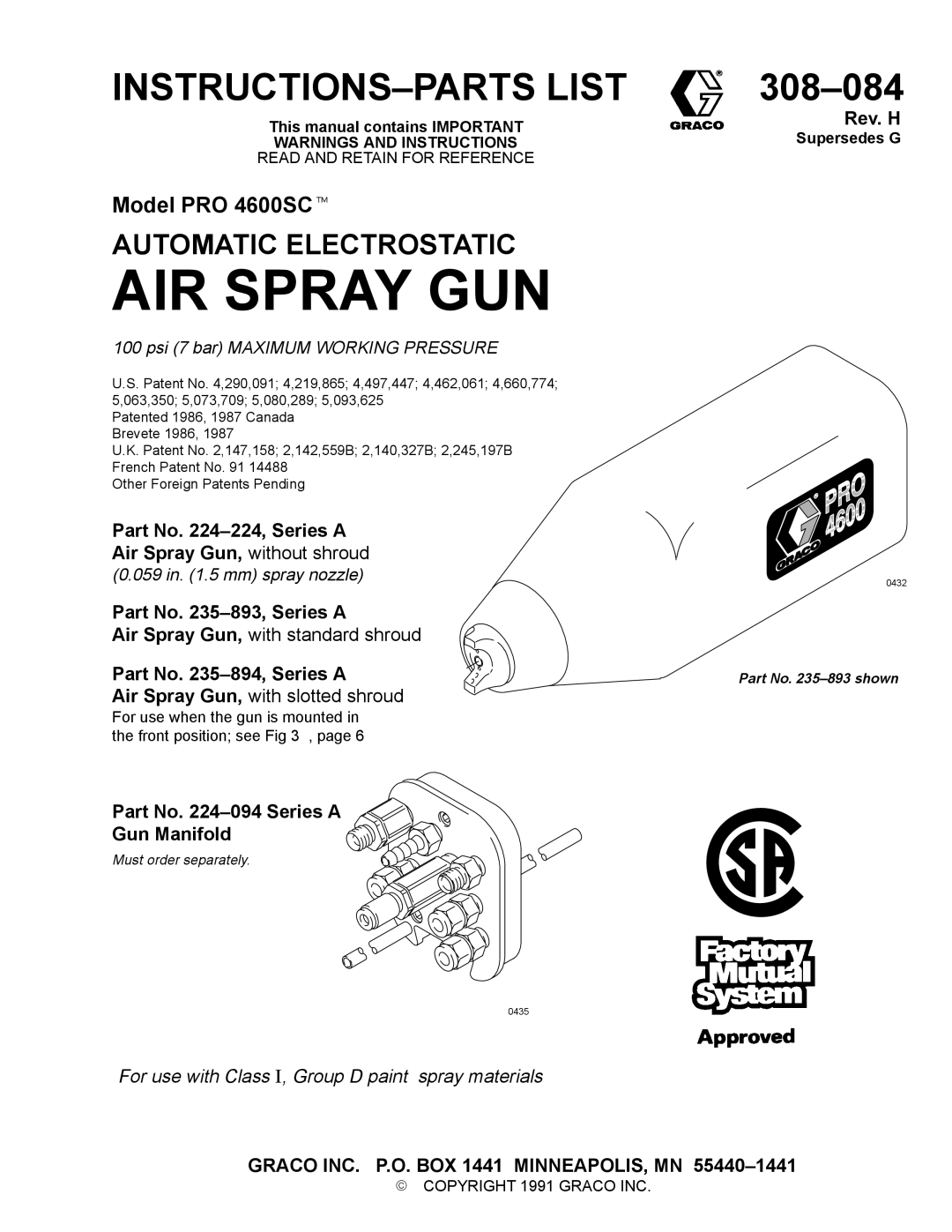 Graco Inc 308-084, 4600SC manual Part No -224, Series a Air Spray Gun, without shroud, Part No -893, Series a, Rev. H 