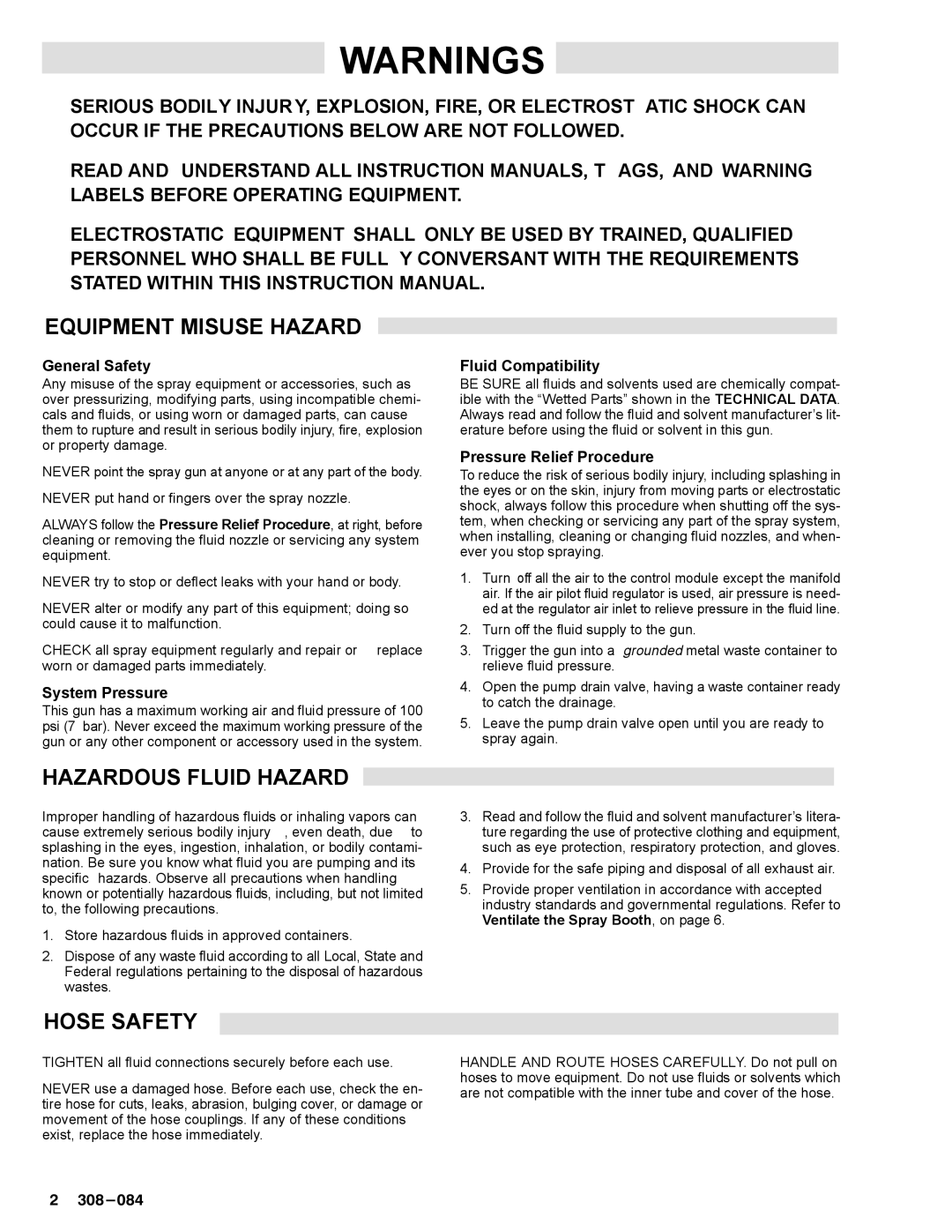 Graco Inc 235893, 4600SC, 308-084, 235-894, 224-224, 224-094 manual Equipment Misuse Hazard, Hazardous Fluid Hazard, Hose Safety 