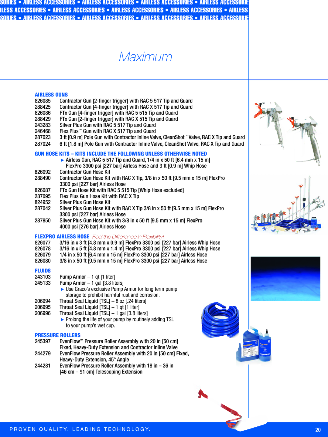 Graco Inc FT500 manual Flex Plus Gun with RAC X 517 Tip and Guard, Pump Armor 1 qt 1 liter Pump Armor 1 gal 3.8 liters 