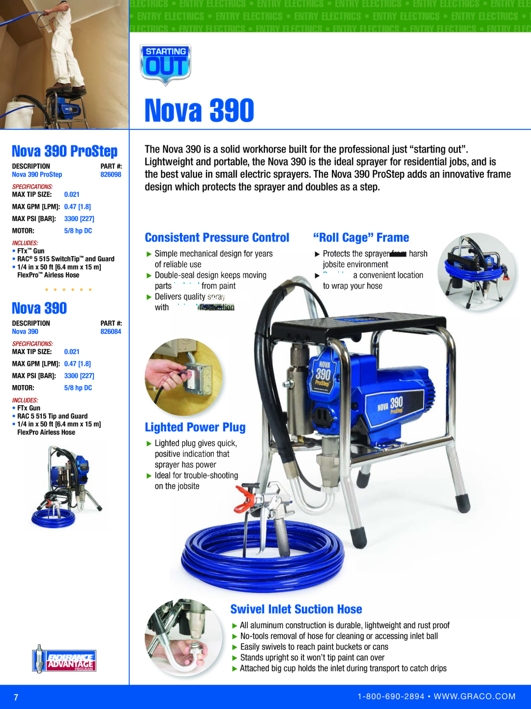 Graco Inc FT500 manual Nova 390 ProStep, Consistent Pressure Control, Lighted Power Plug, Swivel Inlet Suction Hose 