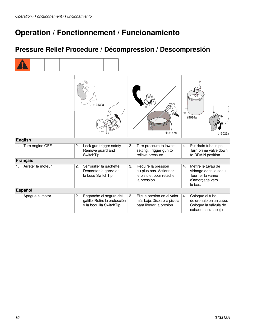 Graco Inc 313313A Operation / Fonctionnement / Funcionamiento, Pressure Relief Procedure / Décompression / Descompresión 