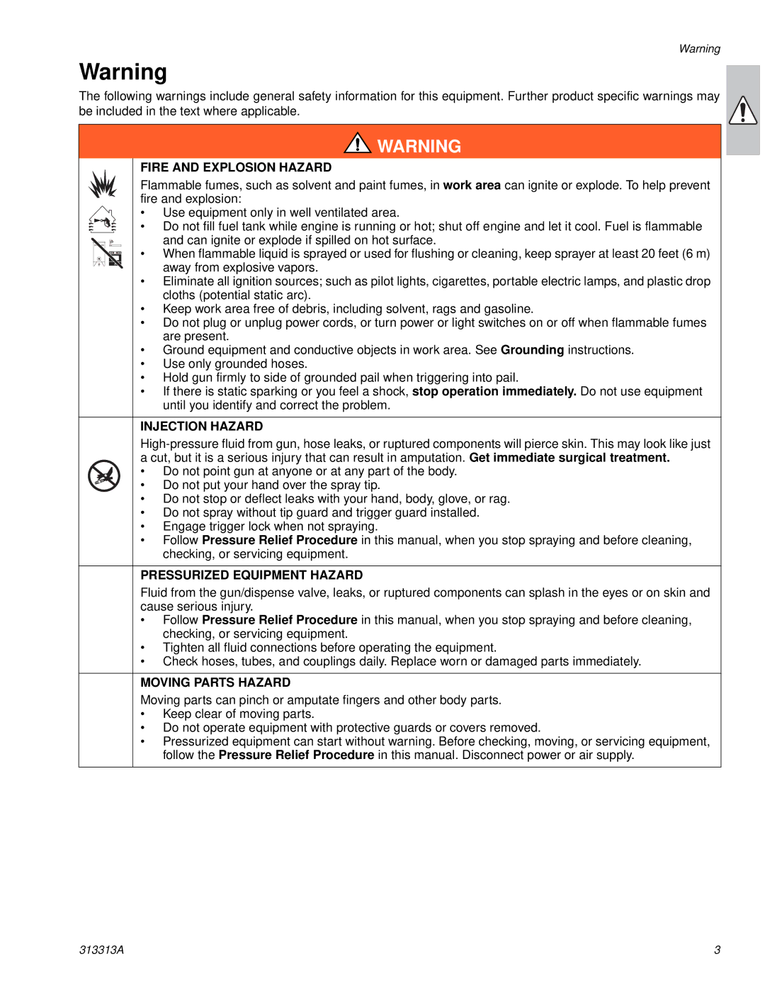 Graco Inc 500G, 313313A, 256790 important safety instructions Fire and Explosion Hazard 