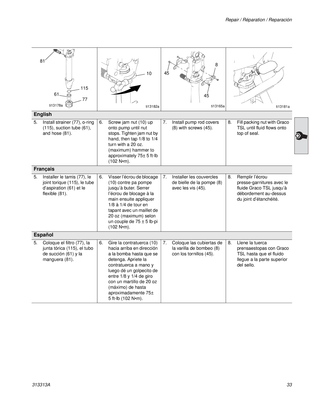 Graco Inc 500G, 313313A, 256790 important safety instructions Hand, then tap 1/8 to 1/4 