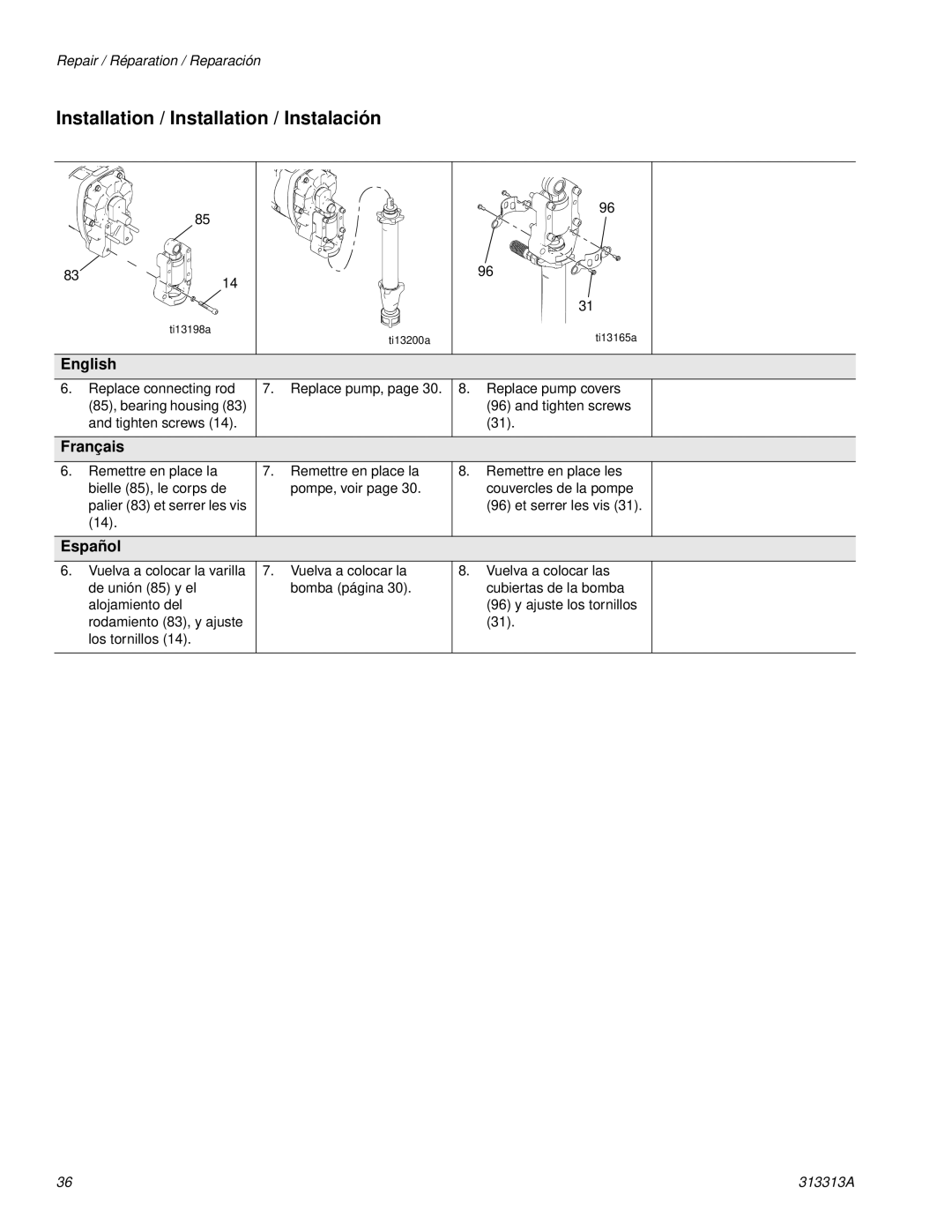 Graco Inc 500G, 313313A, 256790 important safety instructions Replace pump, page 30 . Replace pump covers Tighten screws 