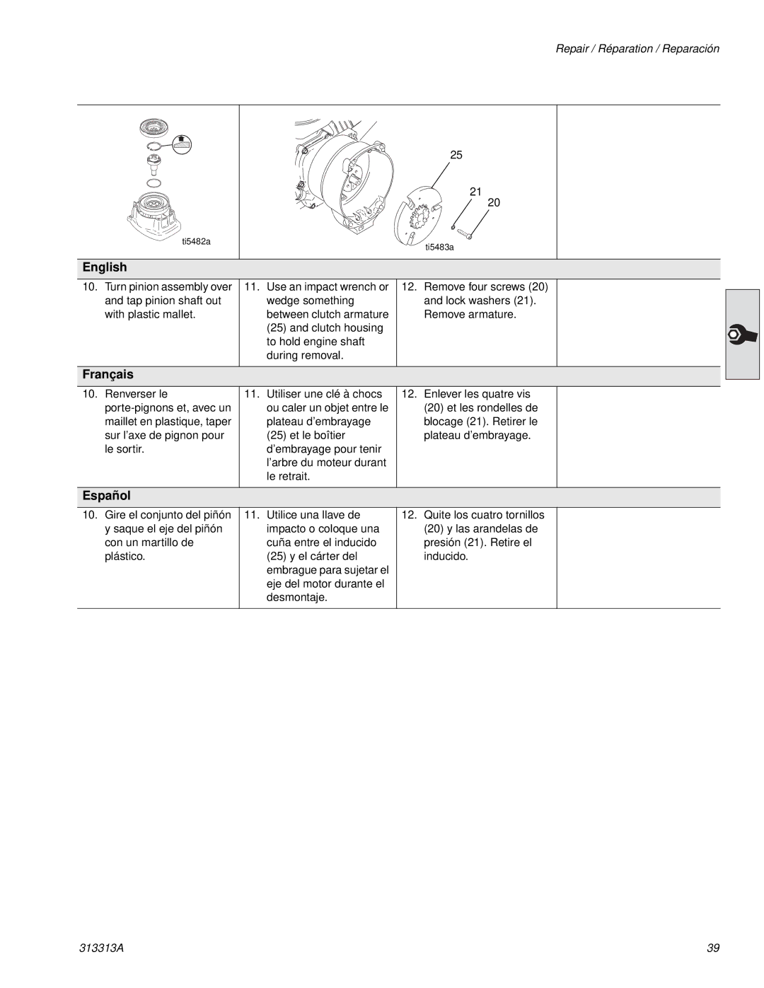 Graco Inc 500G, 313313A, 256790 important safety instructions Remove four screws 20 and lock washers 21. Remove armature 