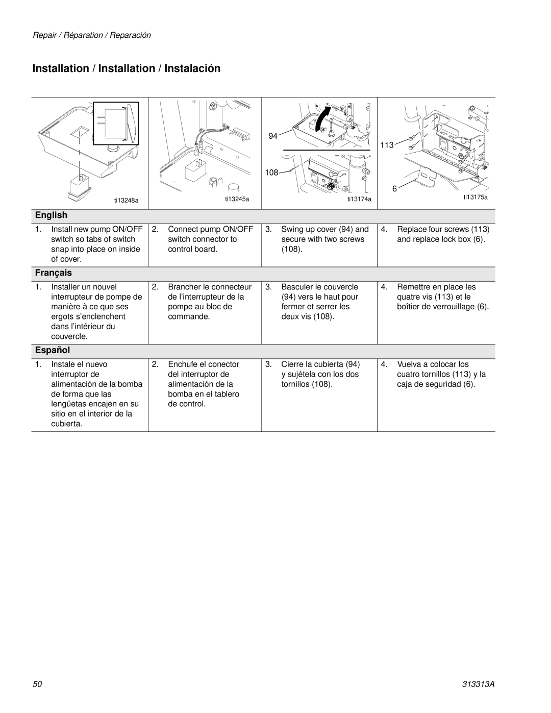 Graco Inc 256790, 500G, 313313A important safety instructions 113 