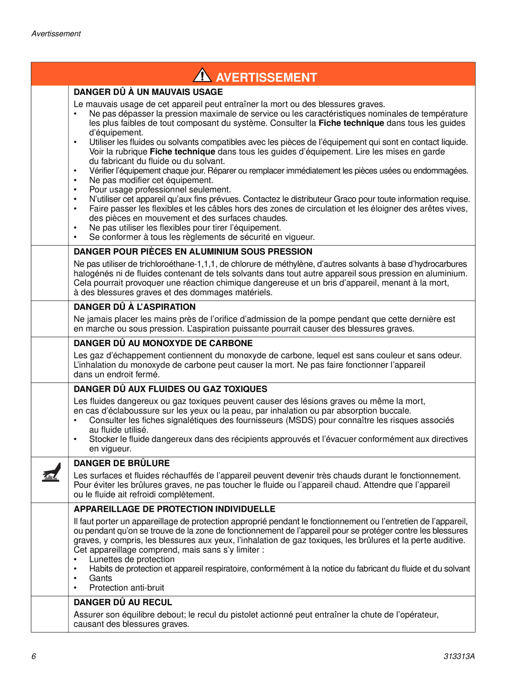 Graco Inc 500G, 313313A, 256790 important safety instructions Appareillage DE Protection Individuelle 