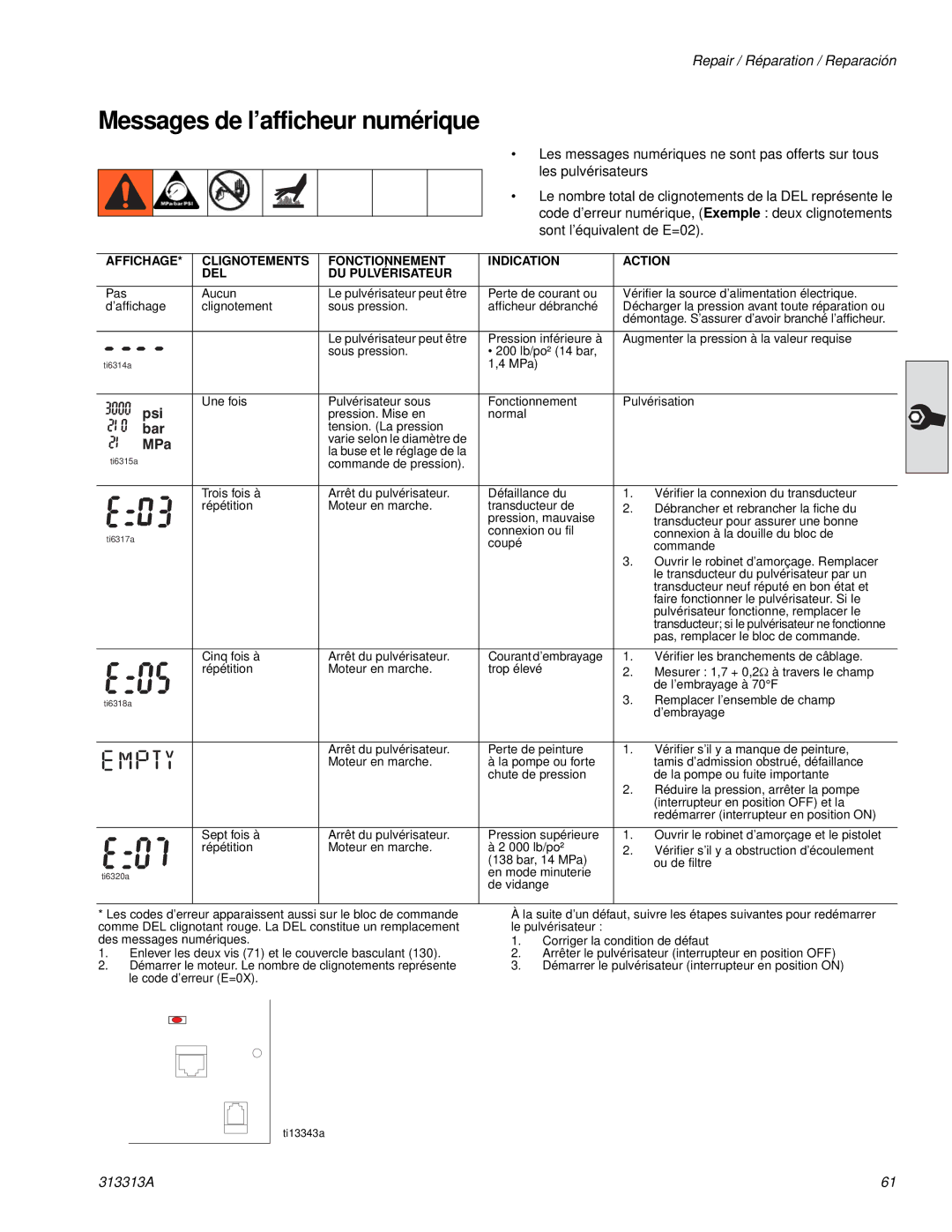 Graco Inc 313313A, 500G, 256790 important safety instructions Messages de l’afficheur numérique 