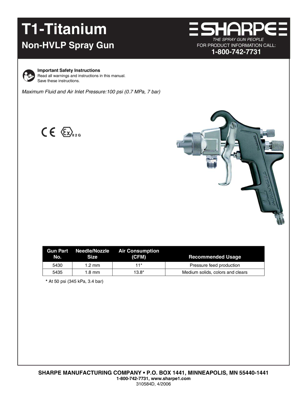 Graco Inc 5430, 5435, 310584D important safety instructions Gun Part Needle/Nozzle Air Consumption, Recommended Usage 