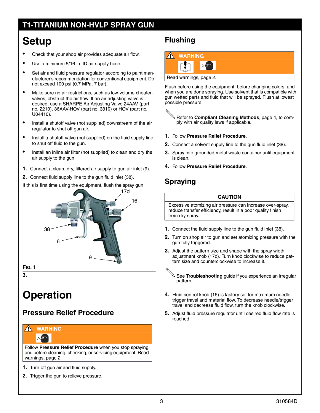 Graco Inc T1-Titanium, 5435, 5430, 310584D Setup, Operation, Pressure Relief Procedure, Flushing, Spraying 