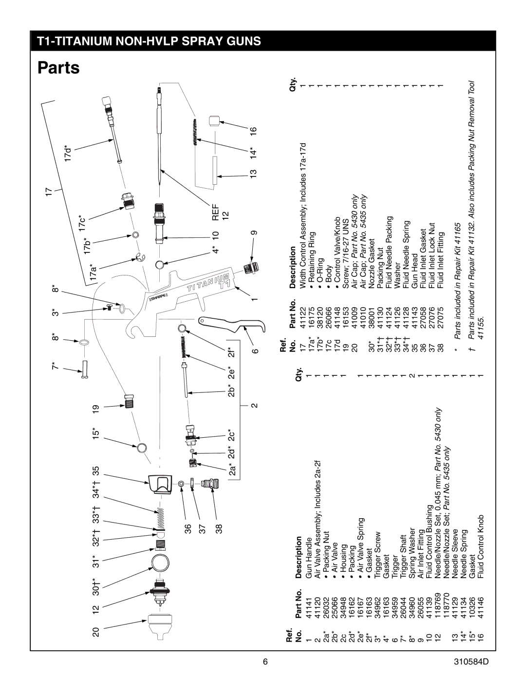 Graco Inc 310584D, 5435, 5430, T1-Titanium important safety instructions Parts, Description Qty 