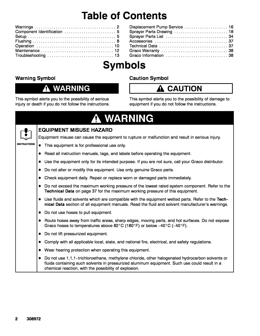 Graco Inc 965165, 687327, 687100, 965168 Table of Contents, Symbols, Warning Symbol, Caution Symbol, Equipment Misuse Hazard 