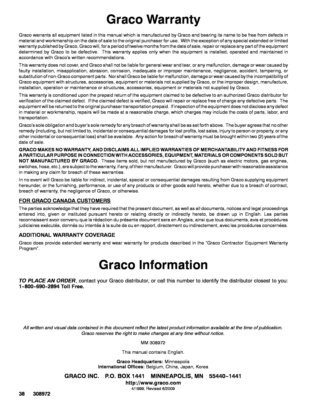 Graco Inc 965165 Graco Warranty, Graco Information, For Graco Canada Customers, Additional Warranty Coverage, Toll Free 