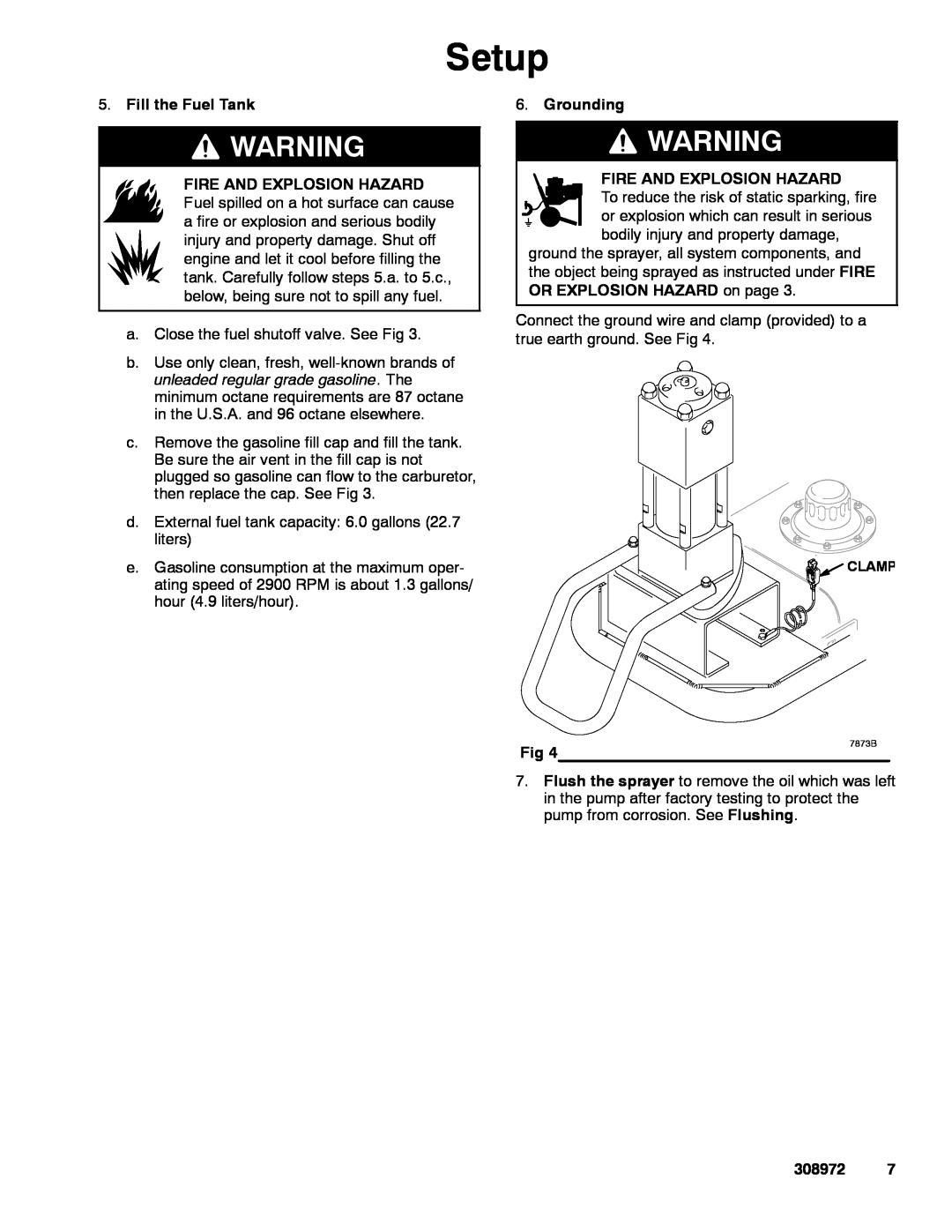 Graco Inc GH1015 Fill the Fuel Tank, Fire And Explosion Hazard, Grounding, OR EXPLOSION HAZARD on page, Setup, 308972 