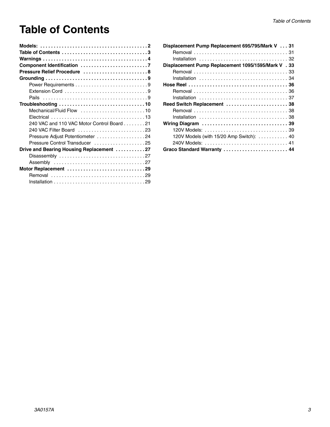 Graco Inc 1095 Premium Hi-Boy, 695 Premium Hi-Boy, 795 Premium Hi-Boy, 3A0157A, 1595 Premium Hi-Boy Table of Contents 