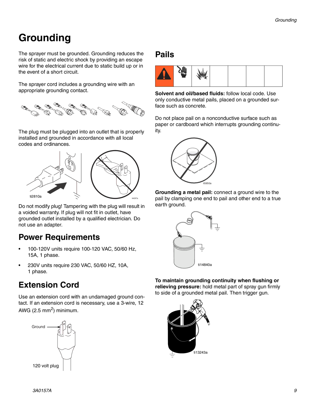 Graco Inc 1595 Premium Hi-Boy, 695 Premium Hi-Boy, 795 Premium Hi-Boy Grounding, Pails, Power Requirements, Extension Cord 