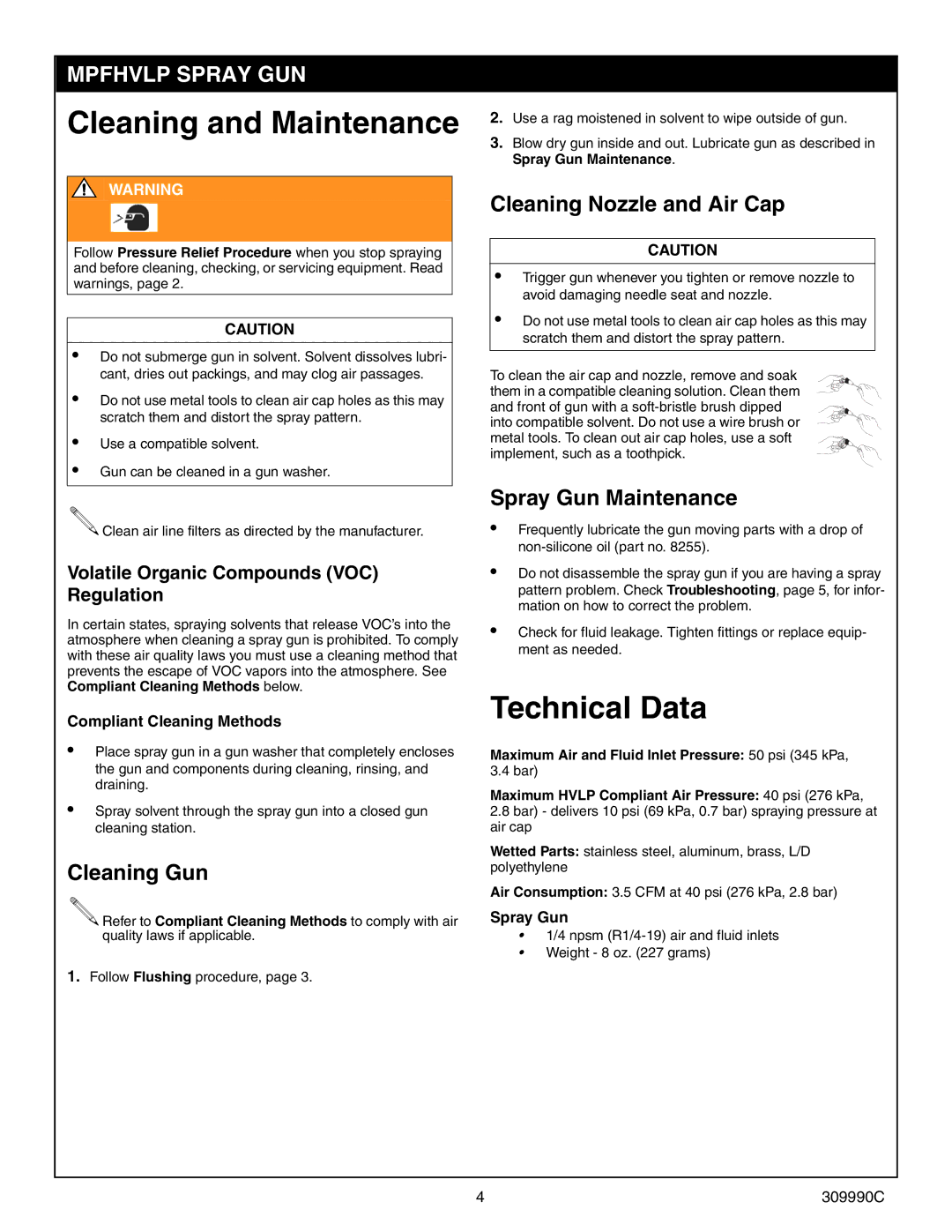 Graco Inc 309990C, 7045, MPFHVLP Cleaning and Maintenance, Technical Data, Cleaning Gun, Cleaning Nozzle and Air Cap 