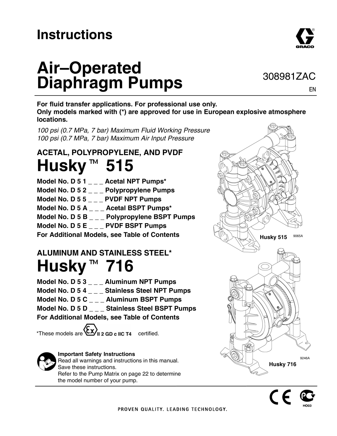 Graco Inc D 5 D, 716, D 5 B, D 5 5, D 5 E, D 5 A, D 5 3 important safety instructions Husky, Important Safety Instructions 