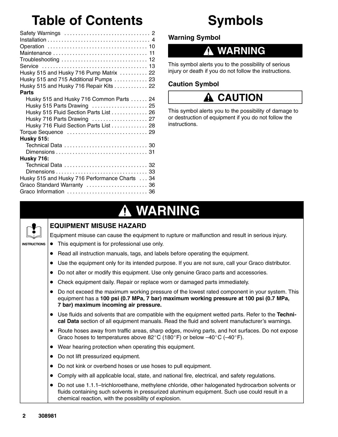 Graco Inc D 5 B, 716, D 5 D, D 5 5, D 5 E, D 5 A, D 5 3, D 5 C, D 5 4 important safety instructions Table of Contents, Symbols 