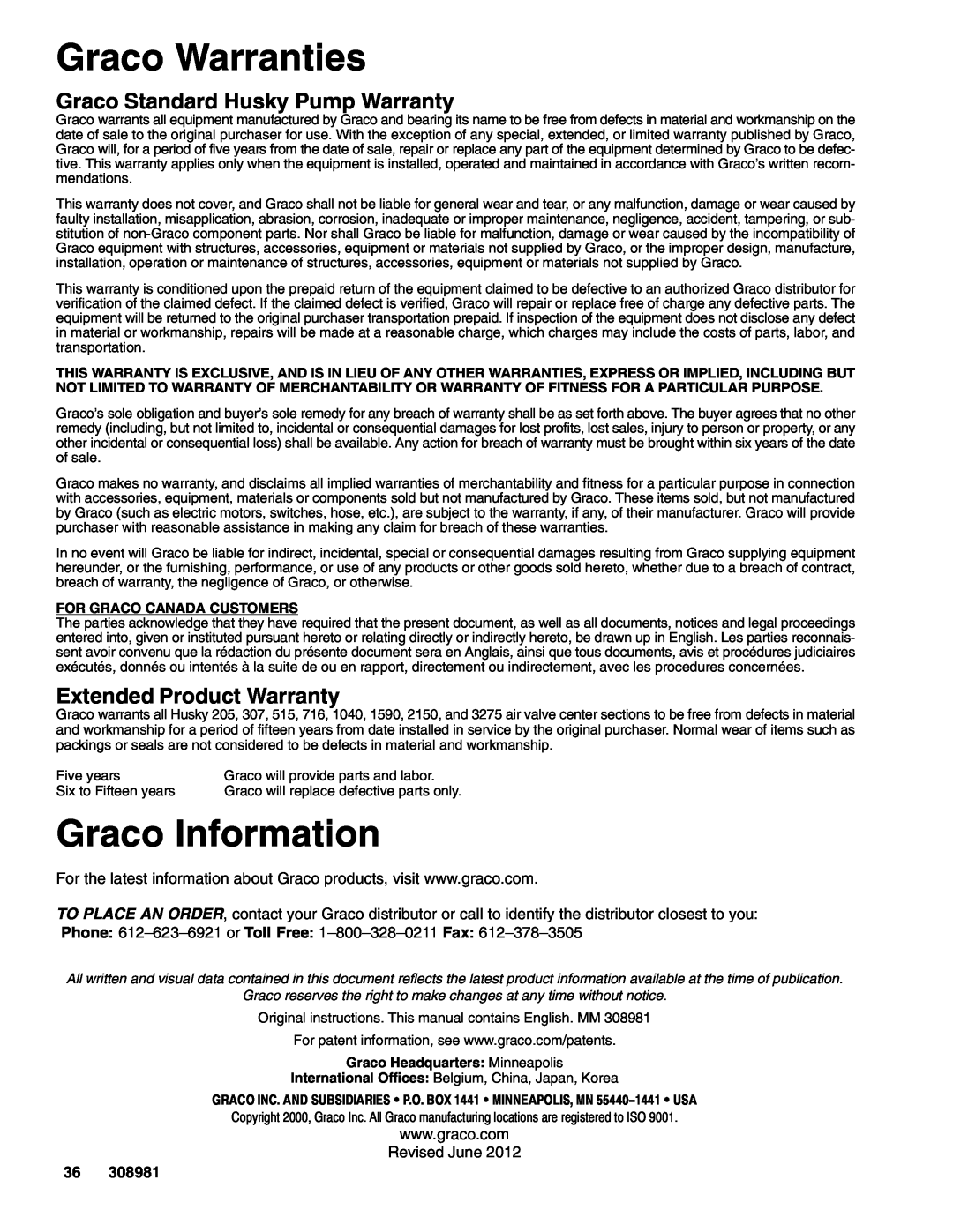 Graco Inc 716, D 5 D Graco Warranties, Graco Information, Graco Standard Husky Pump Warranty, Extended Product Warranty 