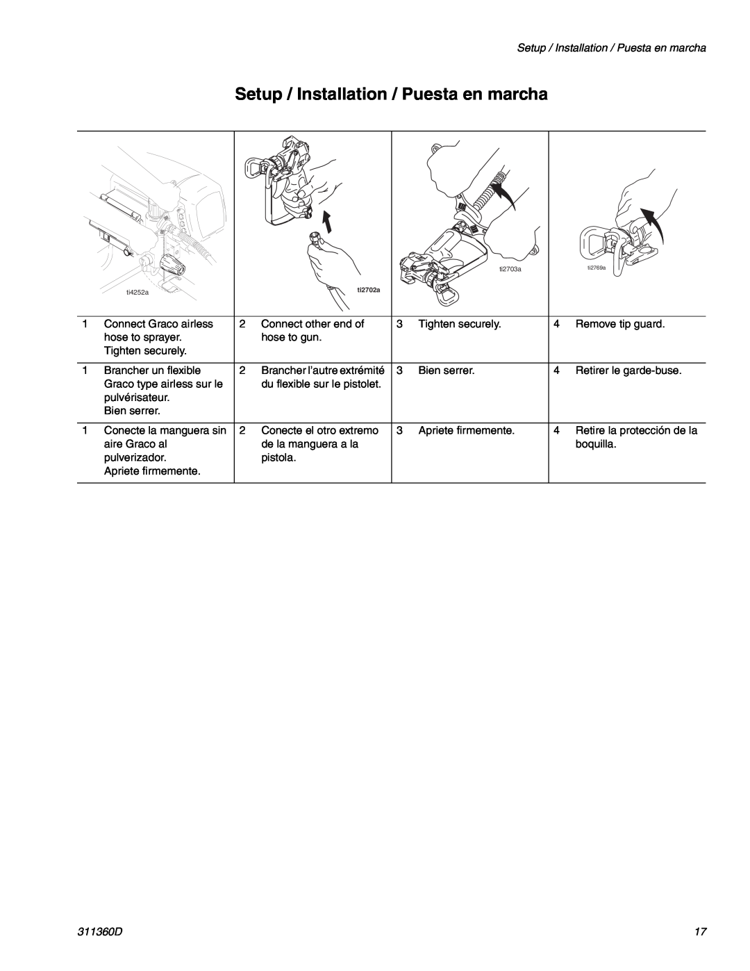 Graco Inc 795 LOW, 795 HI, 695 LOW, 695 HI, 1095 HI, 1595 HI Setup / Installation / Puesta en marcha, 311360D, ti2702a 