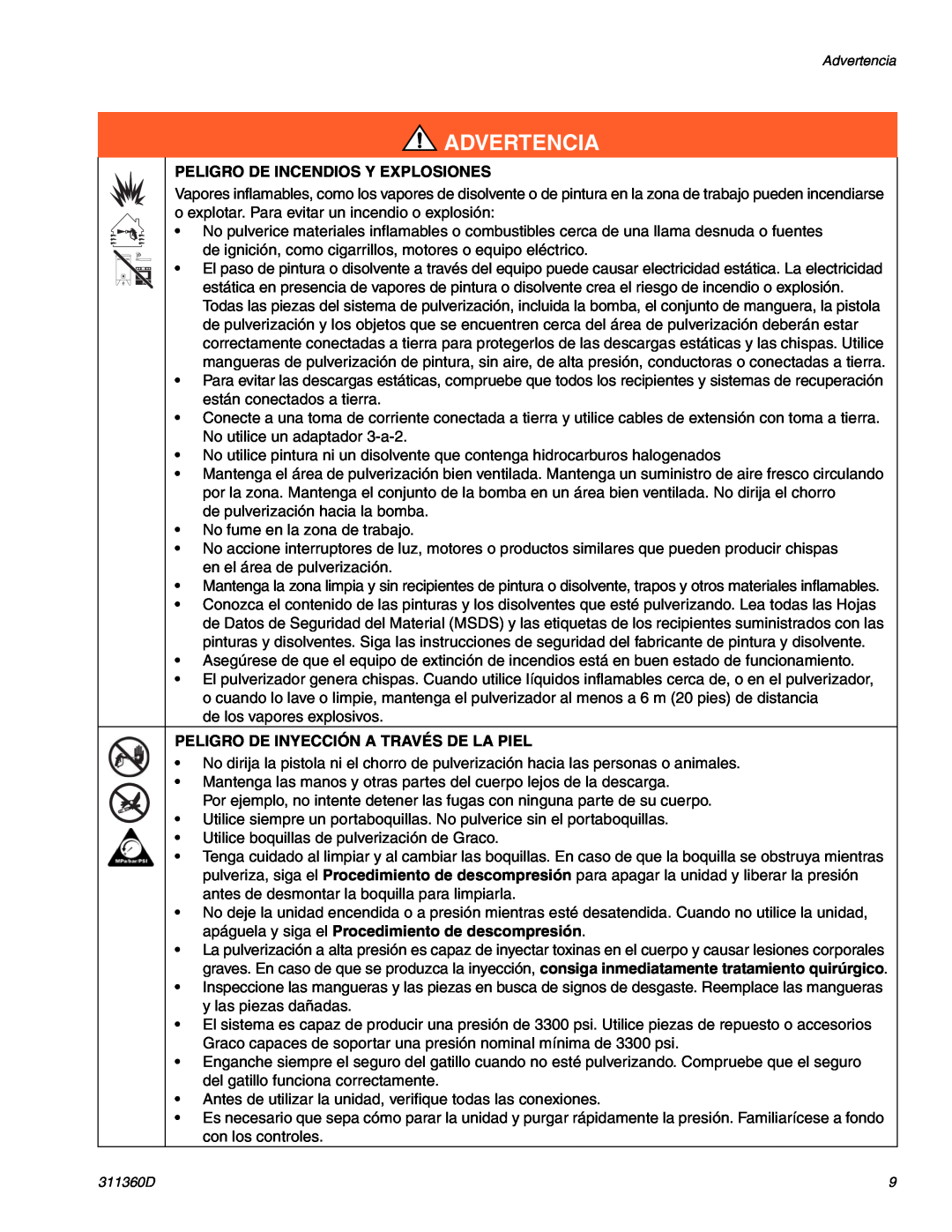 Graco Inc 795 LOW, 795 HI, 695 HI Peligro De Incendios Y Explosiones, Peligro De Inyección A Través De La Piel, Advertencia 