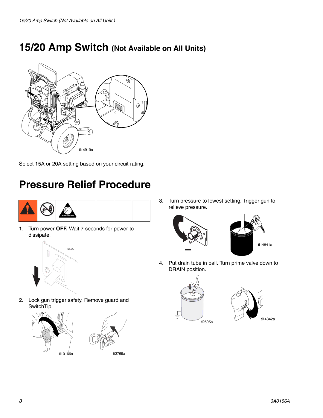 Graco Inc ti15036a, 795 Premium Hi, 695 Premium Hi, 3A0156A, ti14838a, ti15034a, ti15035a, Mark V Pressure Relief Procedure 