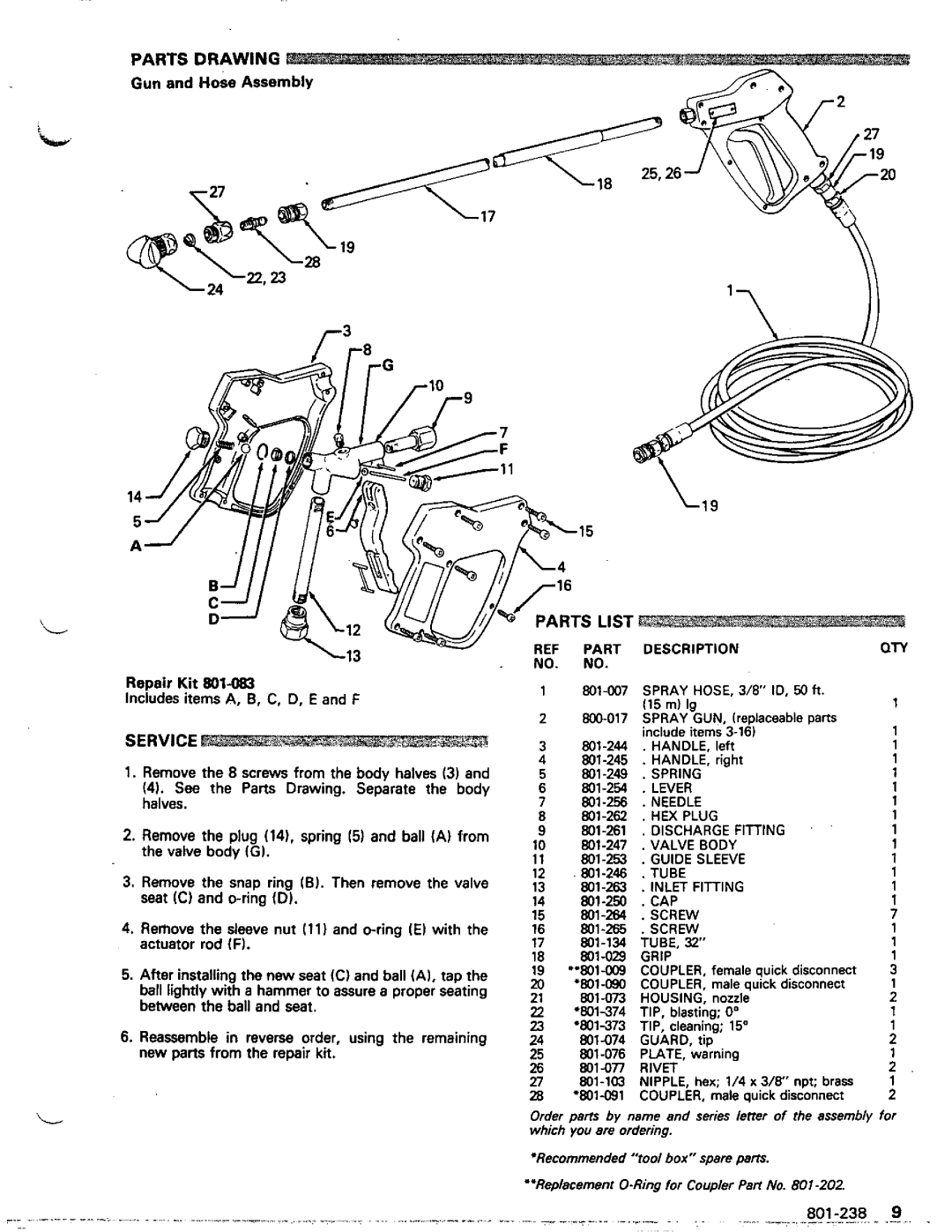 Graco Inc 800-051, 801-238, 1204E manual Parts Drawing, Service, Gun andHose Assembly, 800-017 