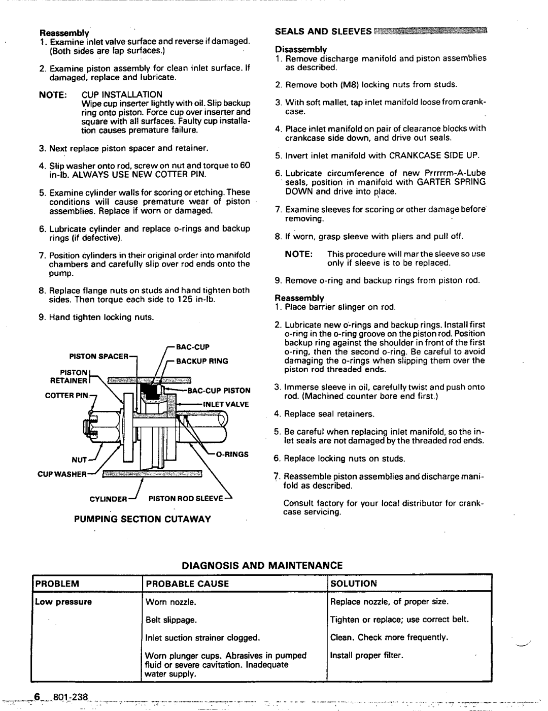 Graco Inc 800-051, 801-238, 1204E manual Diagnosis And Maintenance, Seals And Sleeves, Problem 