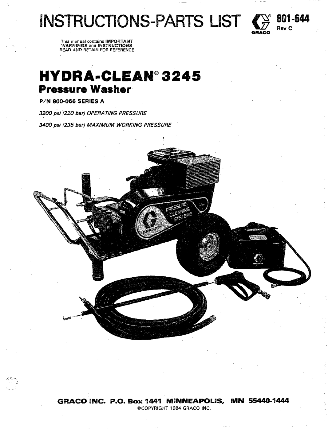 Graco Inc 801-644, 800-066, 3245 manual Pressure Washer 