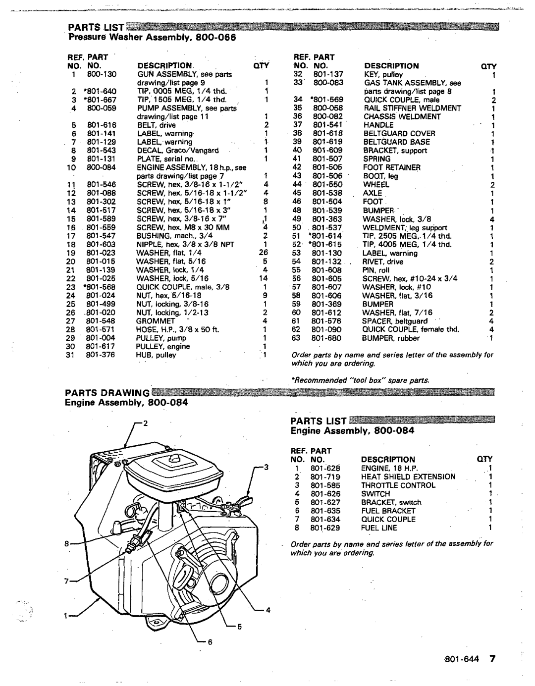 Graco Inc 801-644, 800-066, 3245 manual Parts Drawing, Engine Assembly, Parts List 