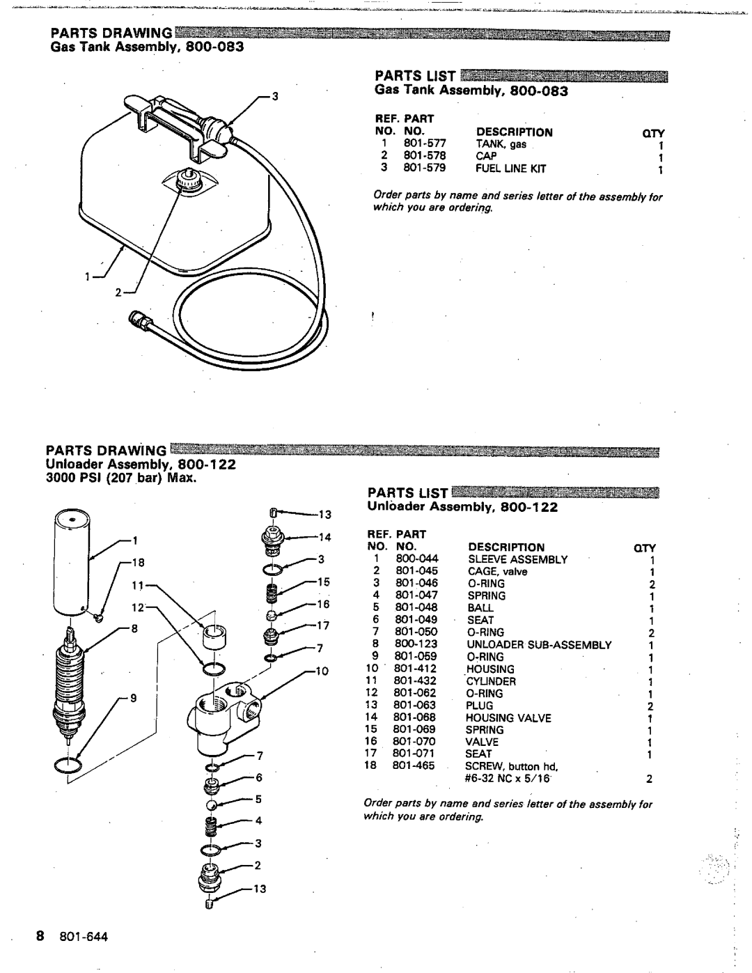 Graco Inc 3245, 800-066, 801-644 manual Gas Tank Assembly, Unloader Assembly, 800-1223000 PSI 207 barMax 