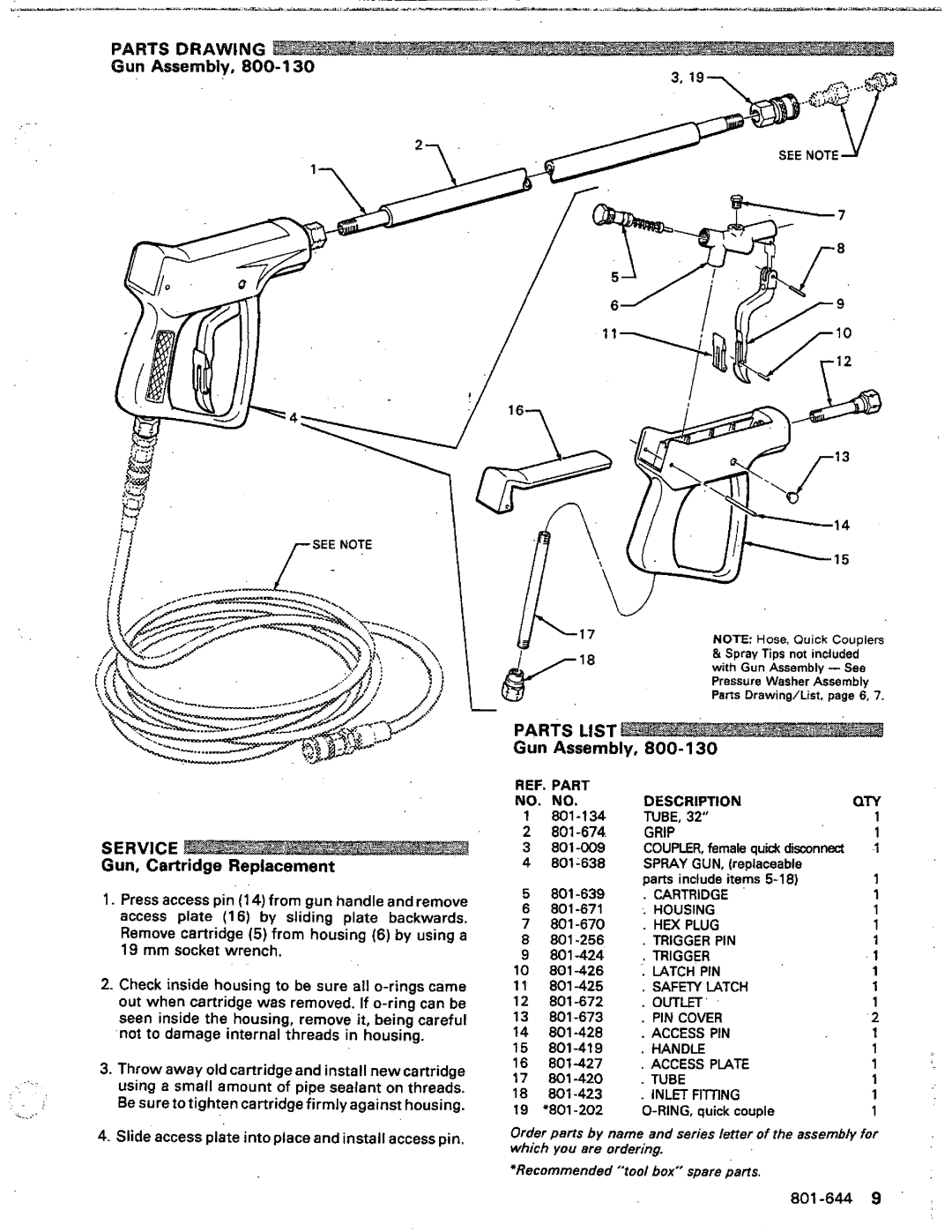 Graco Inc 800-066, 801-644, 3245 manual Service, Gun, Cartridge Replacement, Gun Assembly 