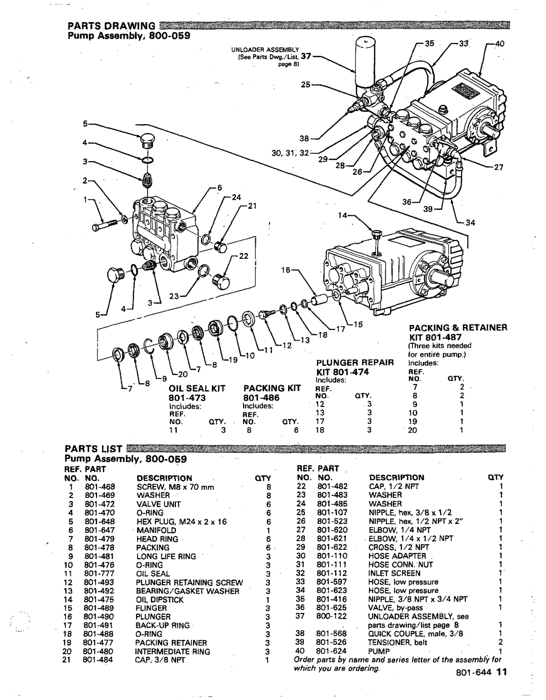 Graco Inc 3245 PARTS LIST Pump Assembly, Plungerrepair, 801-473, Packing.& Retainer, 801-486, Parts Drawing, 801-644 