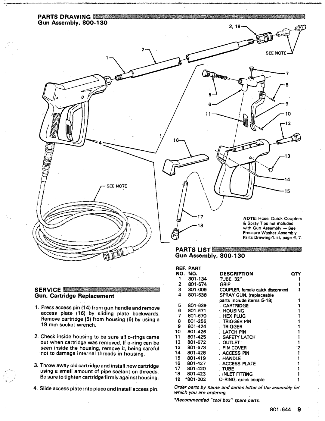 Graco Inc 800-066, 3245 manual SERVICE Gun, Cartridge Replacement, PARTS LIST Gun Assembly, No. No, Description, 801-644 