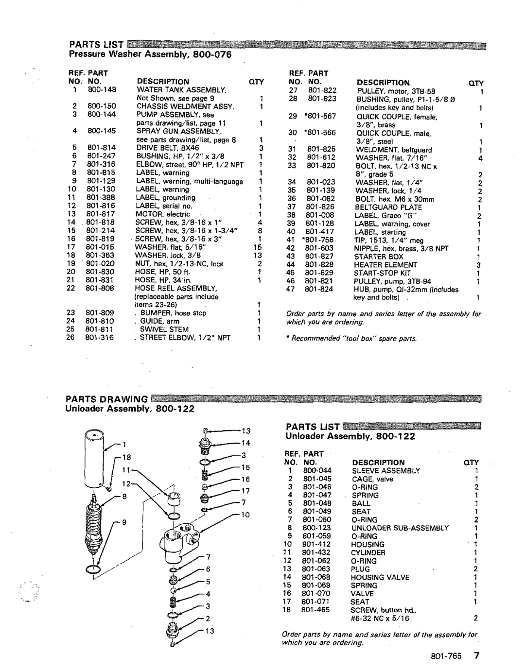 Graco Inc 801-765, 800-076, 1020E Parts List, Pressure Washer Assembly, 800, Unloader Assembly Unloader Assembly, 800, 822 