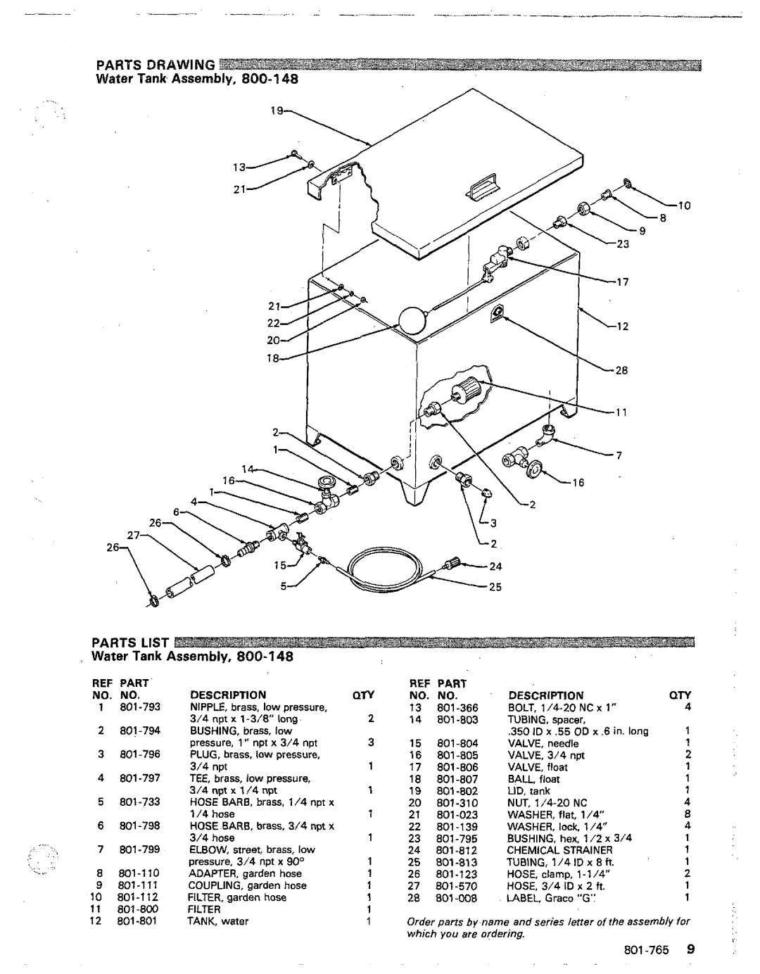 Graco Inc 800-076, 801-765, 1020E manual Water Tank Assembly, REF Part, NO. no 