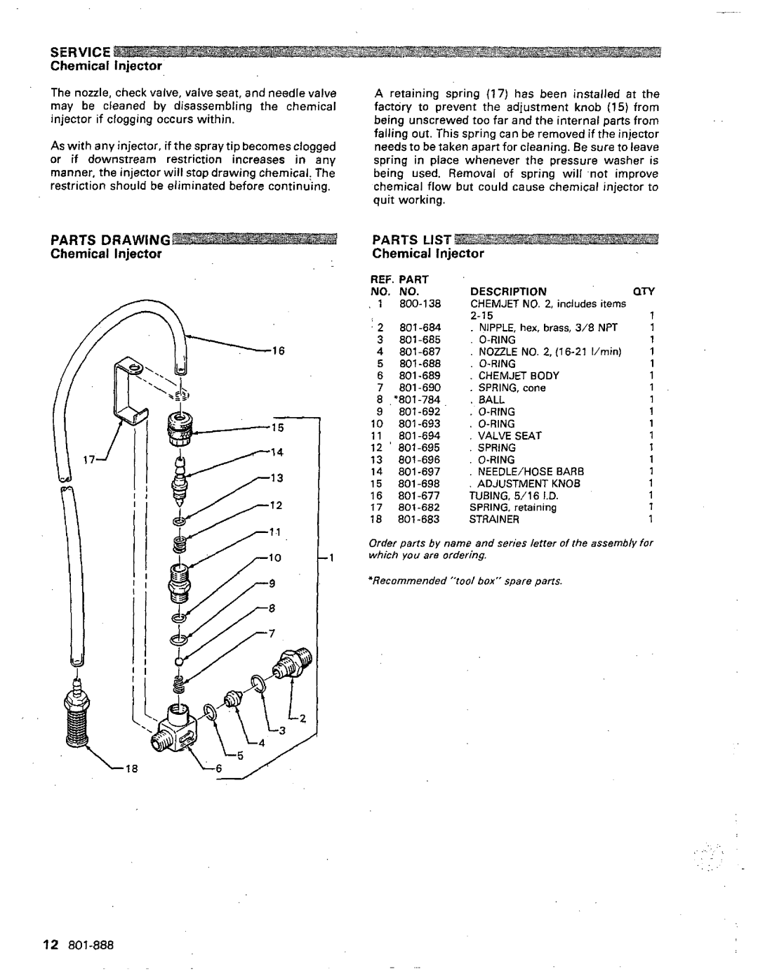 Graco Inc 800-094, 801-888 manual Service, Chemical injector, Parts Drawing Parts List 