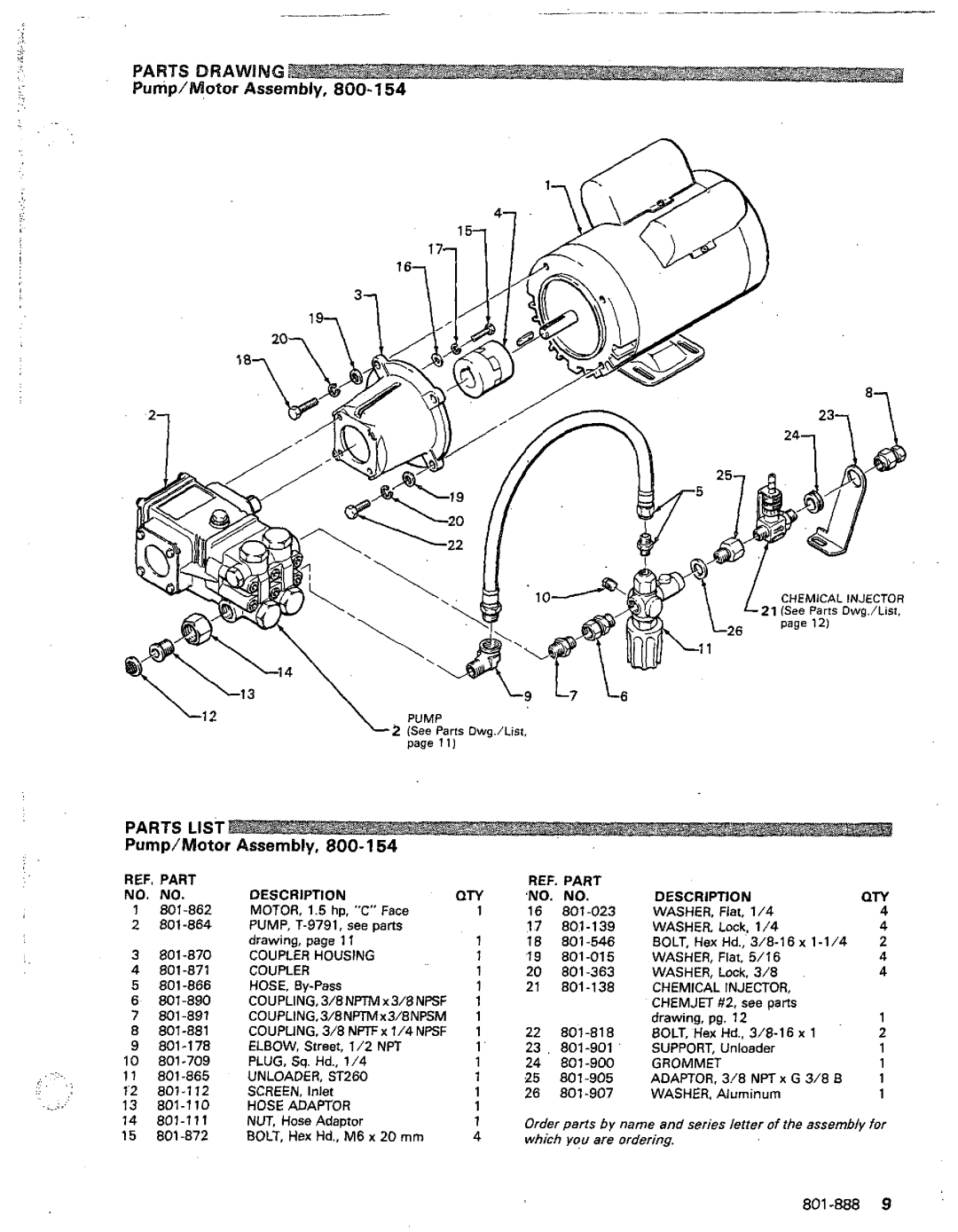 Graco Inc 800-094 manual Parts Drawing, Pump/Motcr Asse, Assembly Pump/Motor, 801-8889 